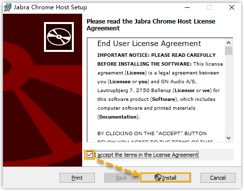 Installer with the acknowledgement checkbox selected before installing