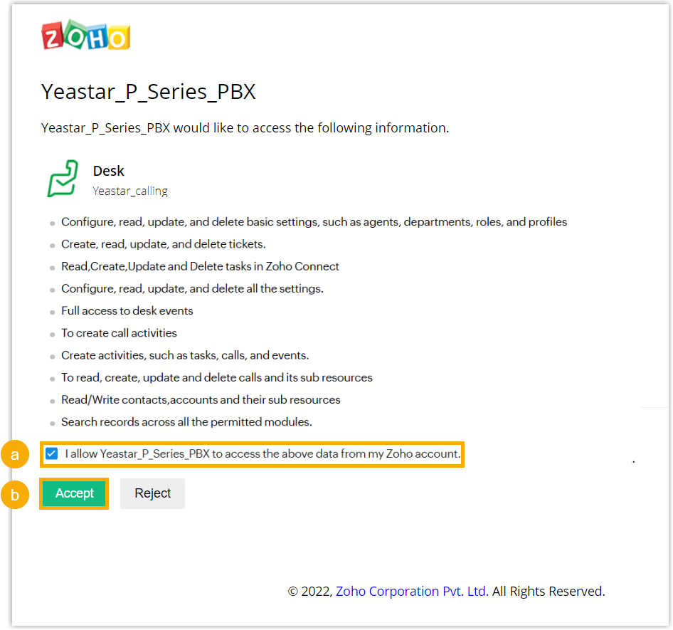 Cloud Voice, Zoho authorization consent page with the Accept button