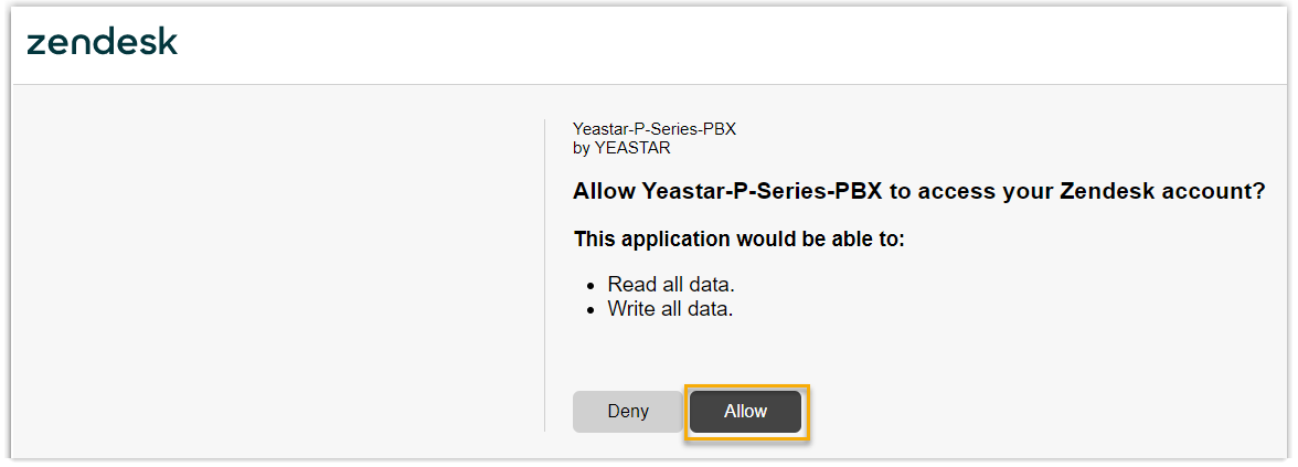 Cloud Voice, Zendesk consent screen requesting data access
