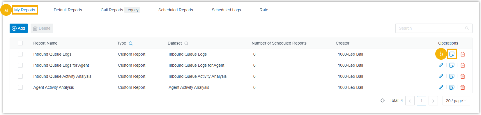 My Reports tab listing saved reports with a view action