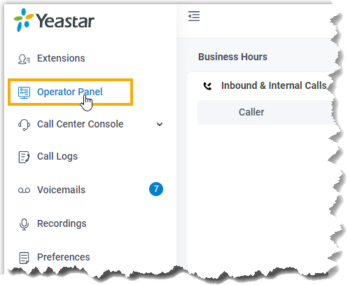 Cloud Voice, the Operator Panel entry highlighted in the left navigation bar