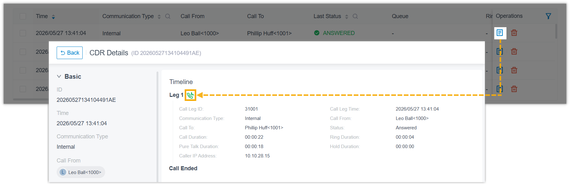 Opening a single call's quality report from the CDR call log