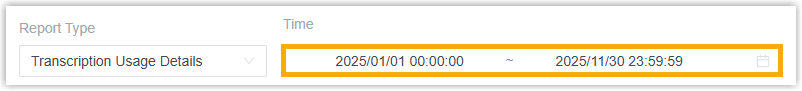 Setting the time range for the Transcription Usage Details report