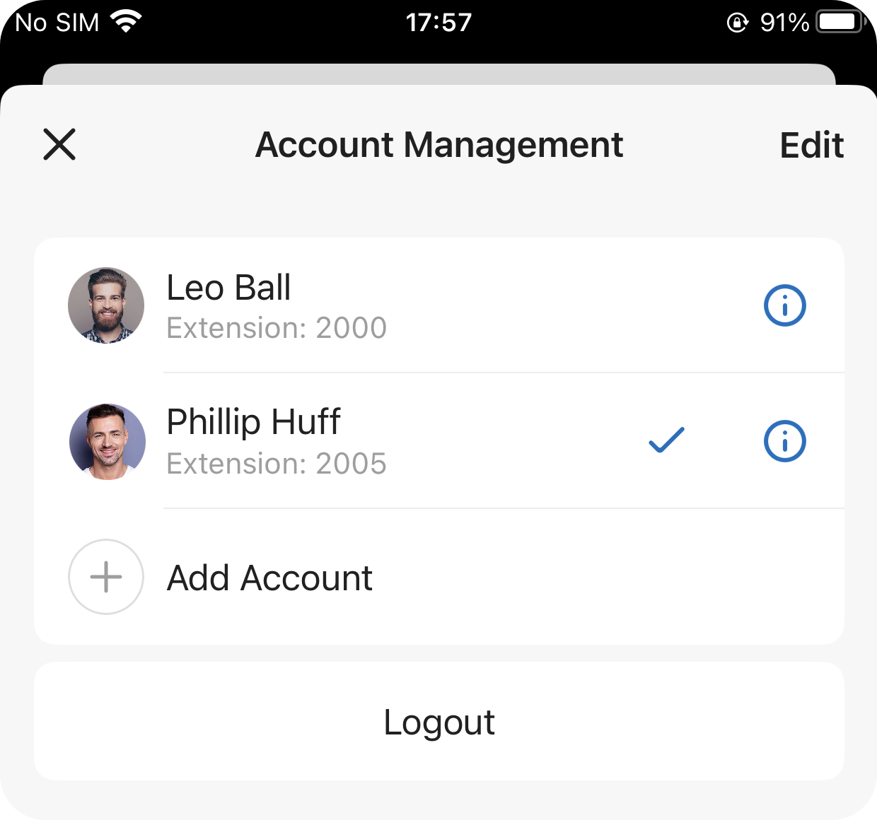 List of signed-in accounts in the Cloud Voice App
