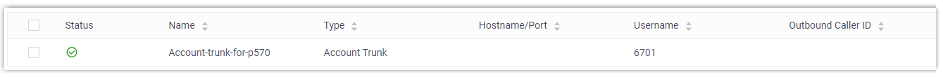 The trunk list on the headquarters system showing the account trunk connected