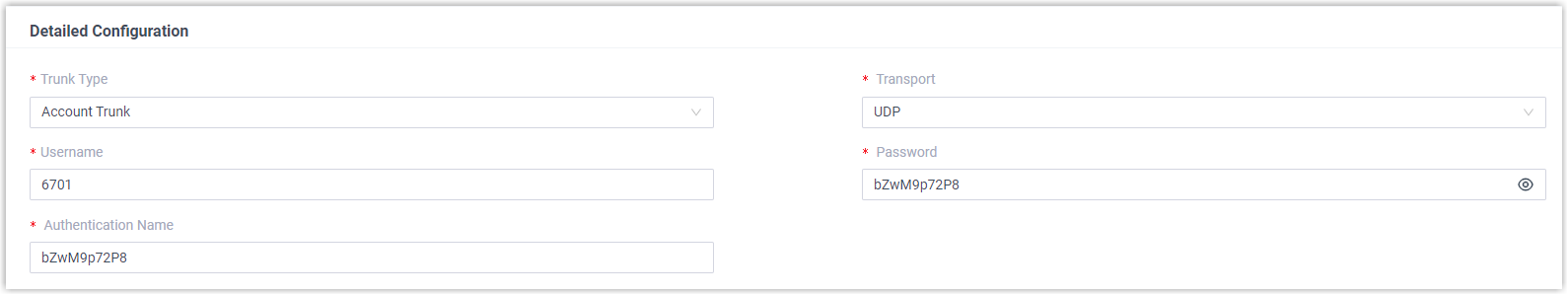 Detailed trunk settings including type, transport, and account credentials