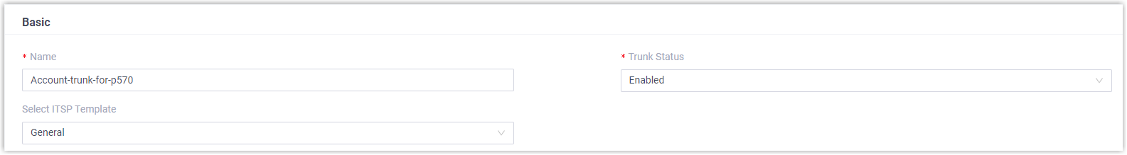 The Basic section of a new trunk with name, status, and template fields