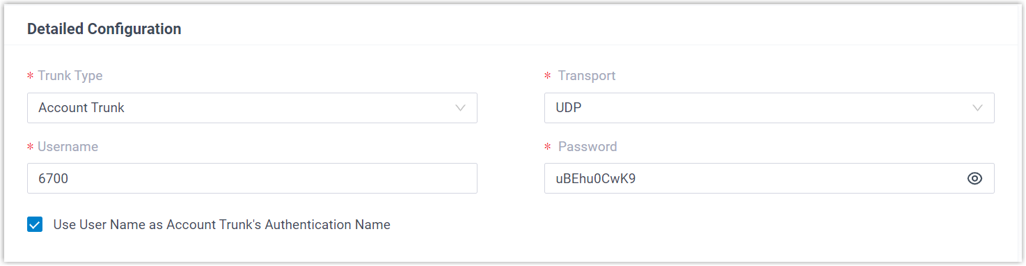 Detailed configuration set to Account Trunk over UDP with username and password fields completed