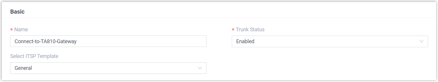 Basic trunk settings with a name entered, status set to enabled, and the General template selected