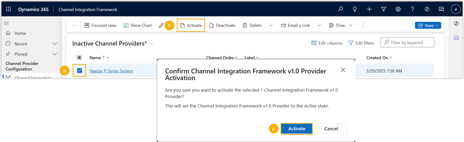 Cloud Voice, channel selected in the providers list with the Activate button