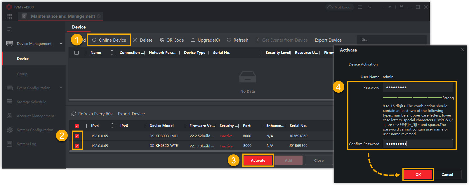 iVMS-4200 online device list showing an inactive intercom ready to be activated
