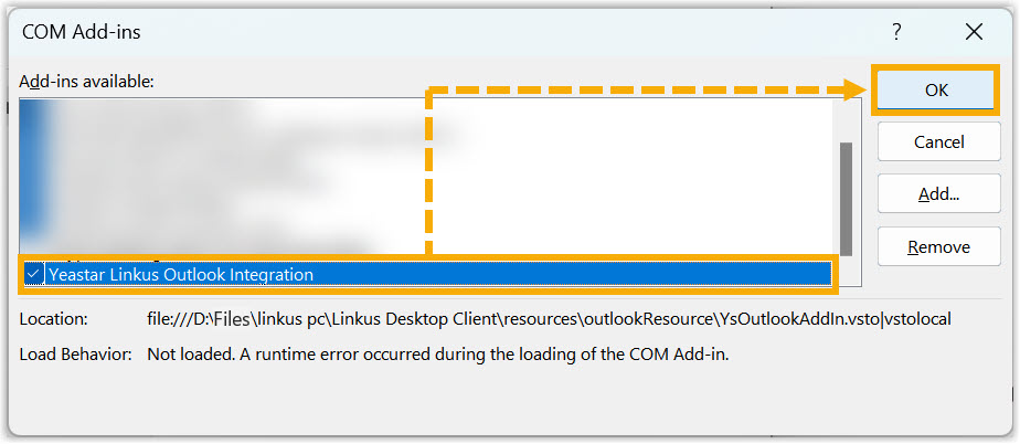 Cloud Voice, the add-in selected in the Outlook COM add-ins list