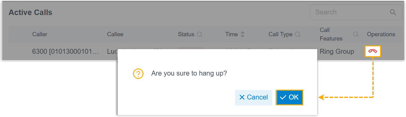 The hang up control on a call entry