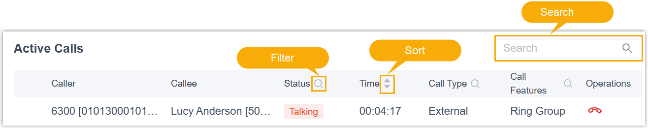 The search box and filter controls above the active call list
