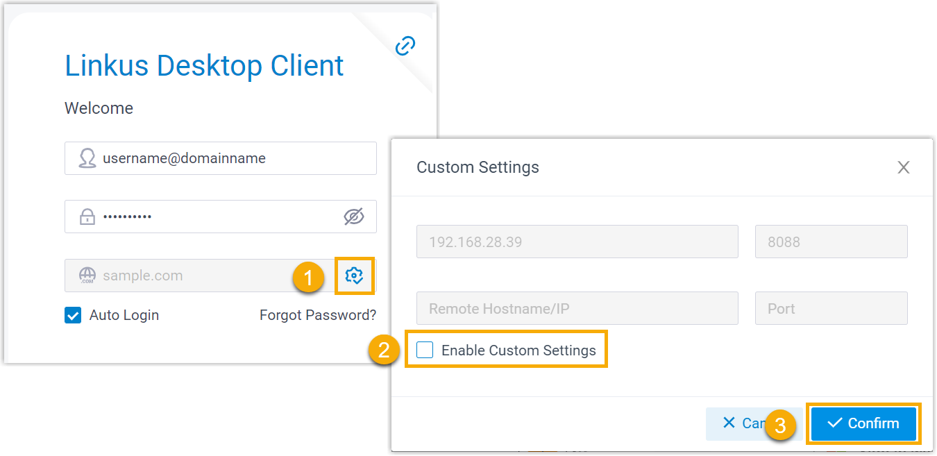 Cloud Voice, custom settings panel with Enable Custom Settings cleared so the SN/Domain field can be edited