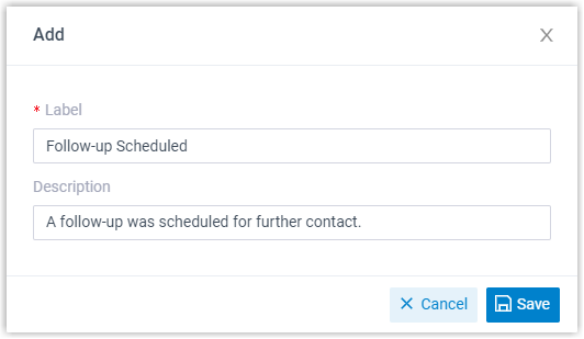 Dialog for entering a disposition code label and description
