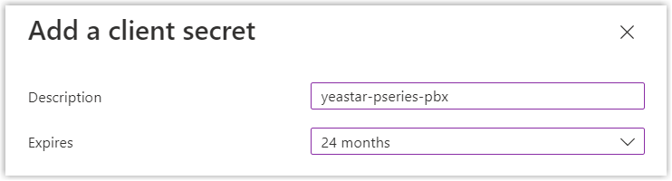 The Add a client secret dialog with a description and expiration date