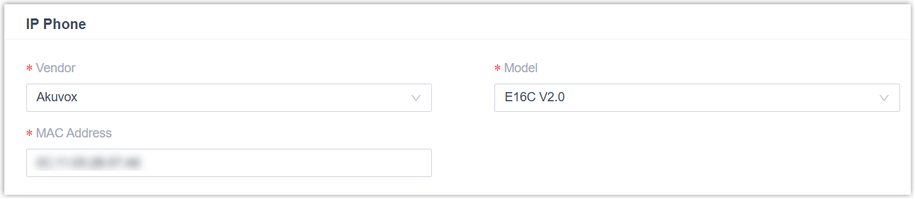 Adding an Akuvox intercom with vendor, model, and MAC address fields