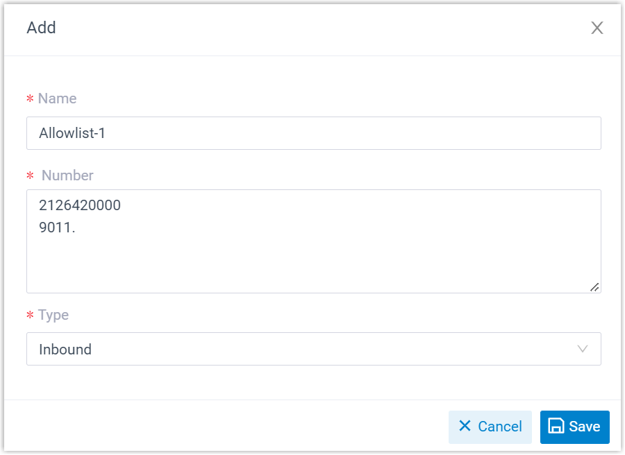 Dialog for creating an allowed-number list with name, numbers, and type fields