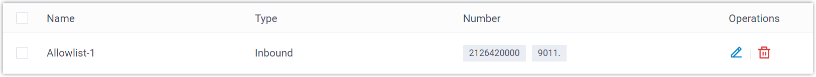 Allowed Numbers page listing a saved allowlist entry