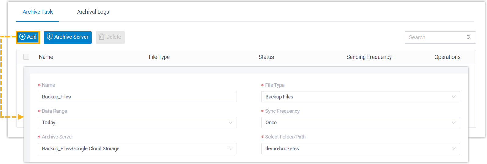 Dialog for creating and configuring a new archive task