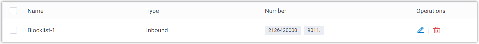 Blocked Numbers page listing a saved blocklist entry