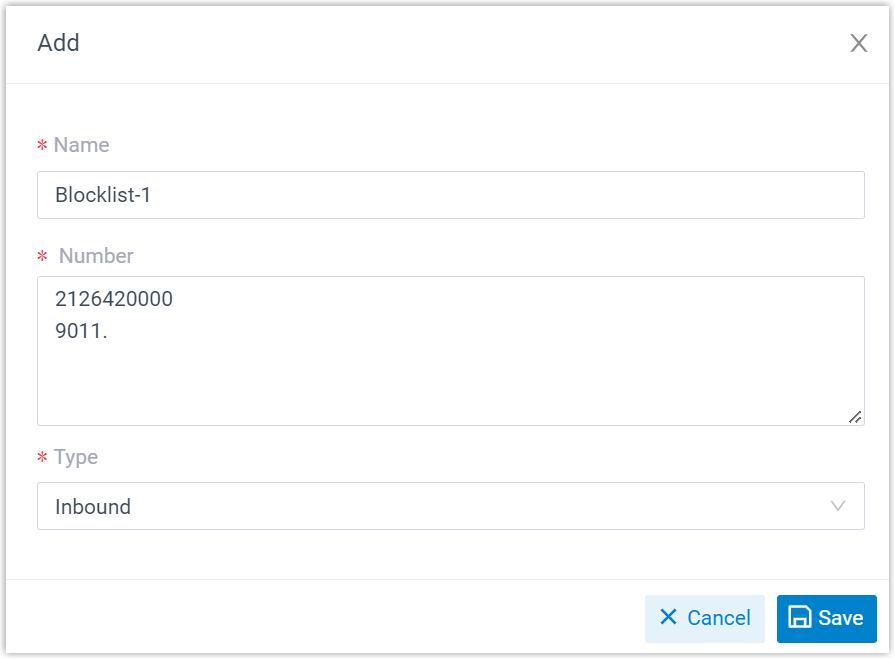 Dialog for naming a blocklist and entering the numbers and direction to block