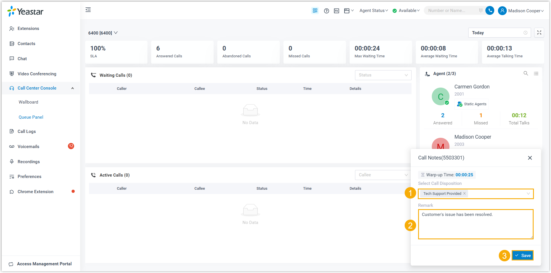 Cloud Voice, wrap-up call note panel with disposition and remark fields