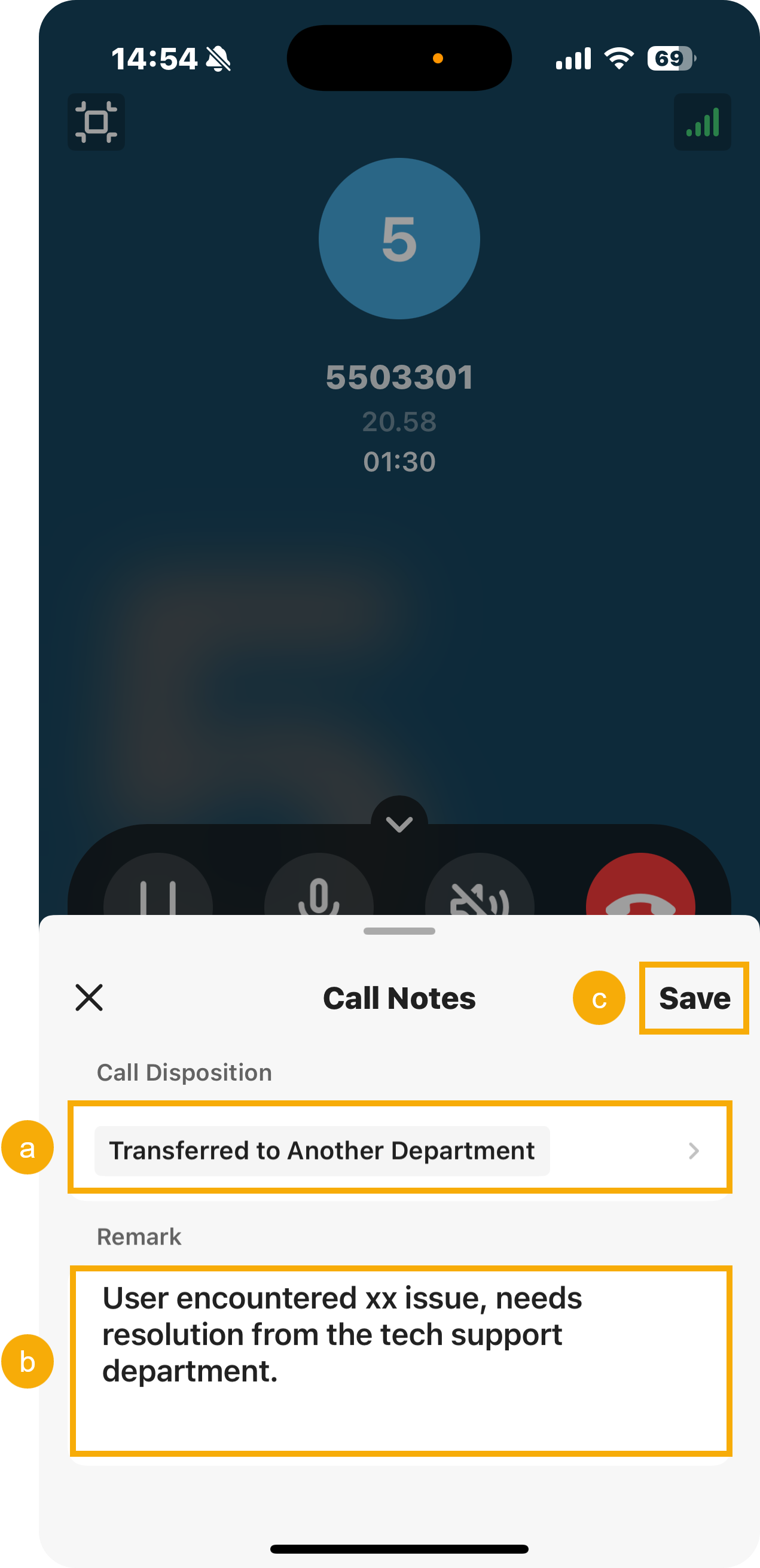 Call note panel showing the disposition drop-down and remark field