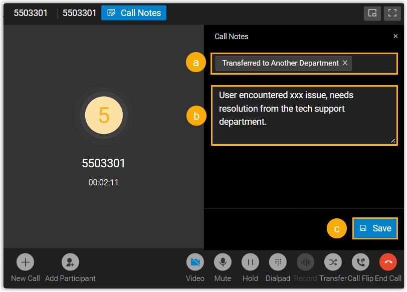 The Call Notes side panel with disposition and remark fields