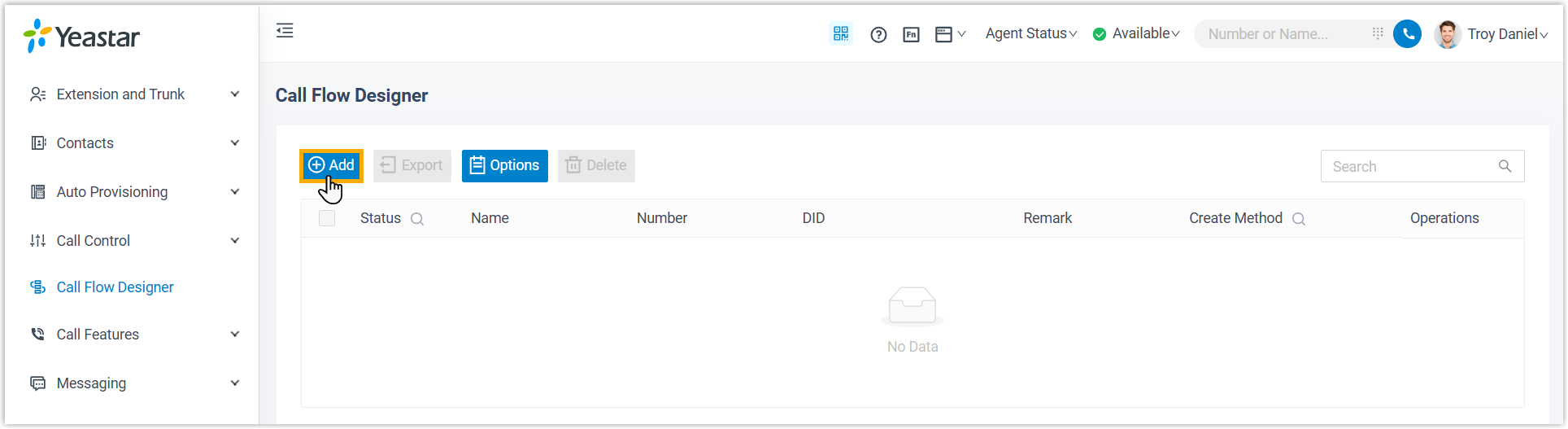 Cloud Voice, Add button above the call flow list