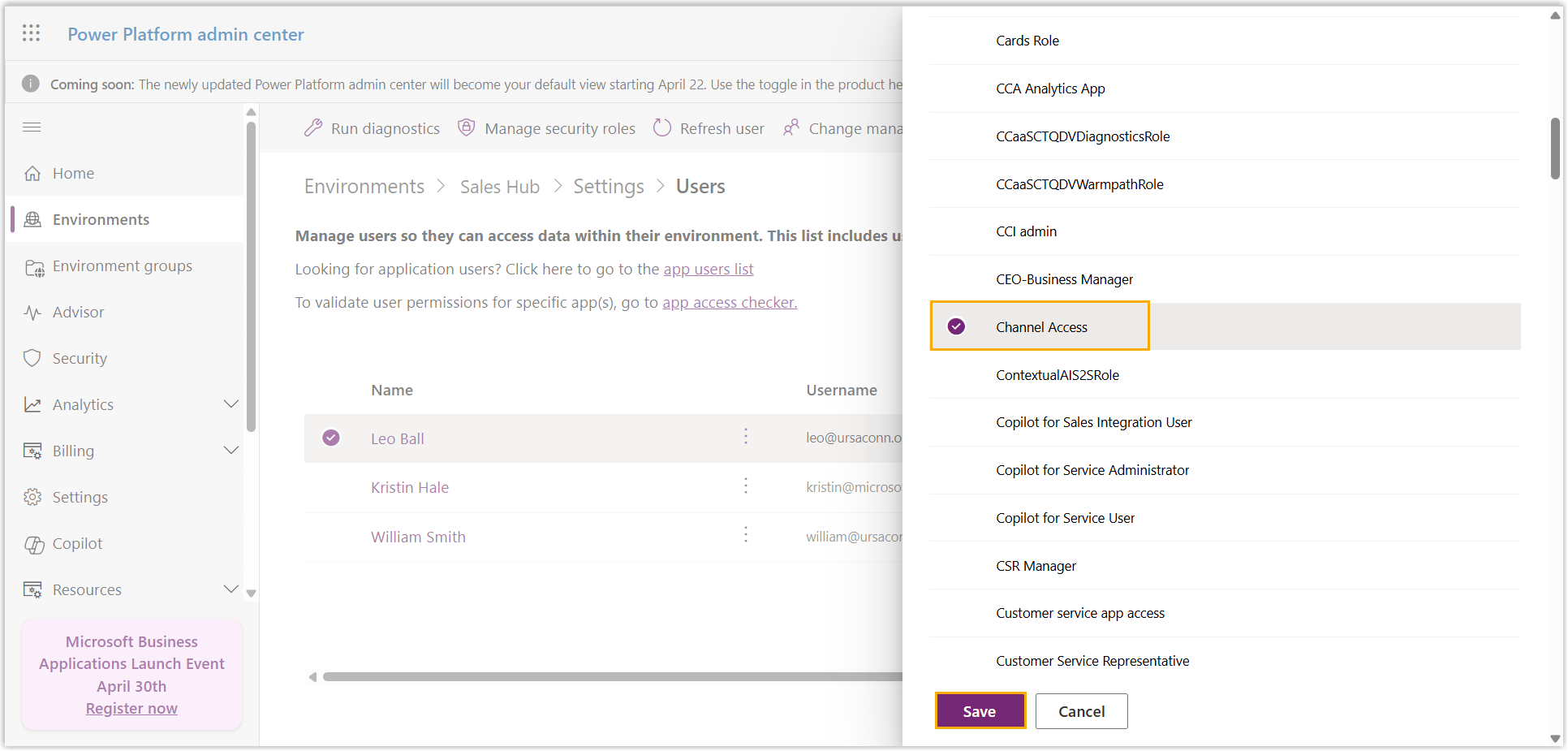 Security roles panel with Channel Access selected