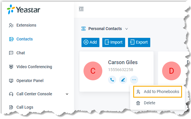 Cloud Voice, the More menu on a personal contact with Add to Phonebooks highlighted