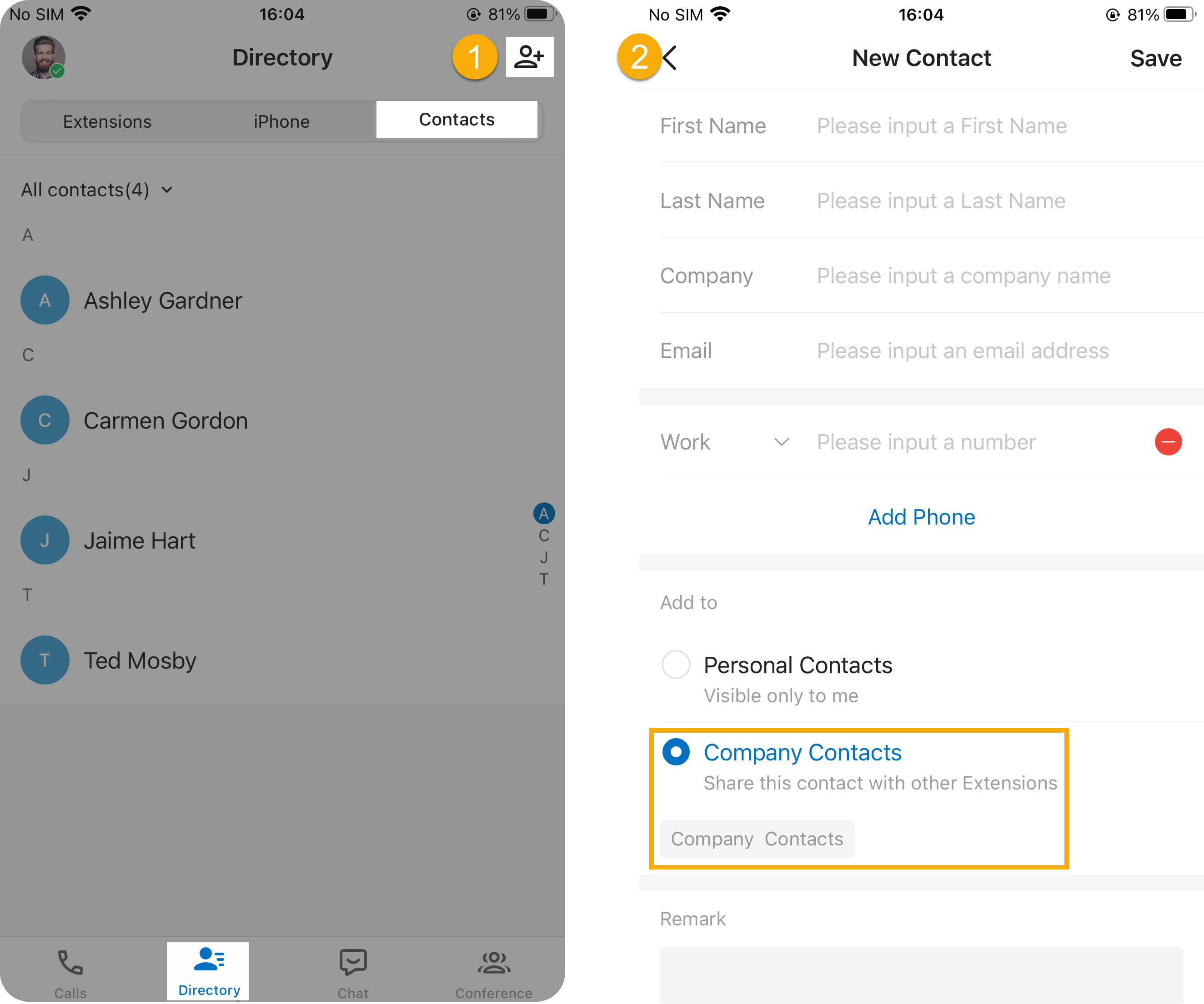 Entering a new company contact on the Contacts page