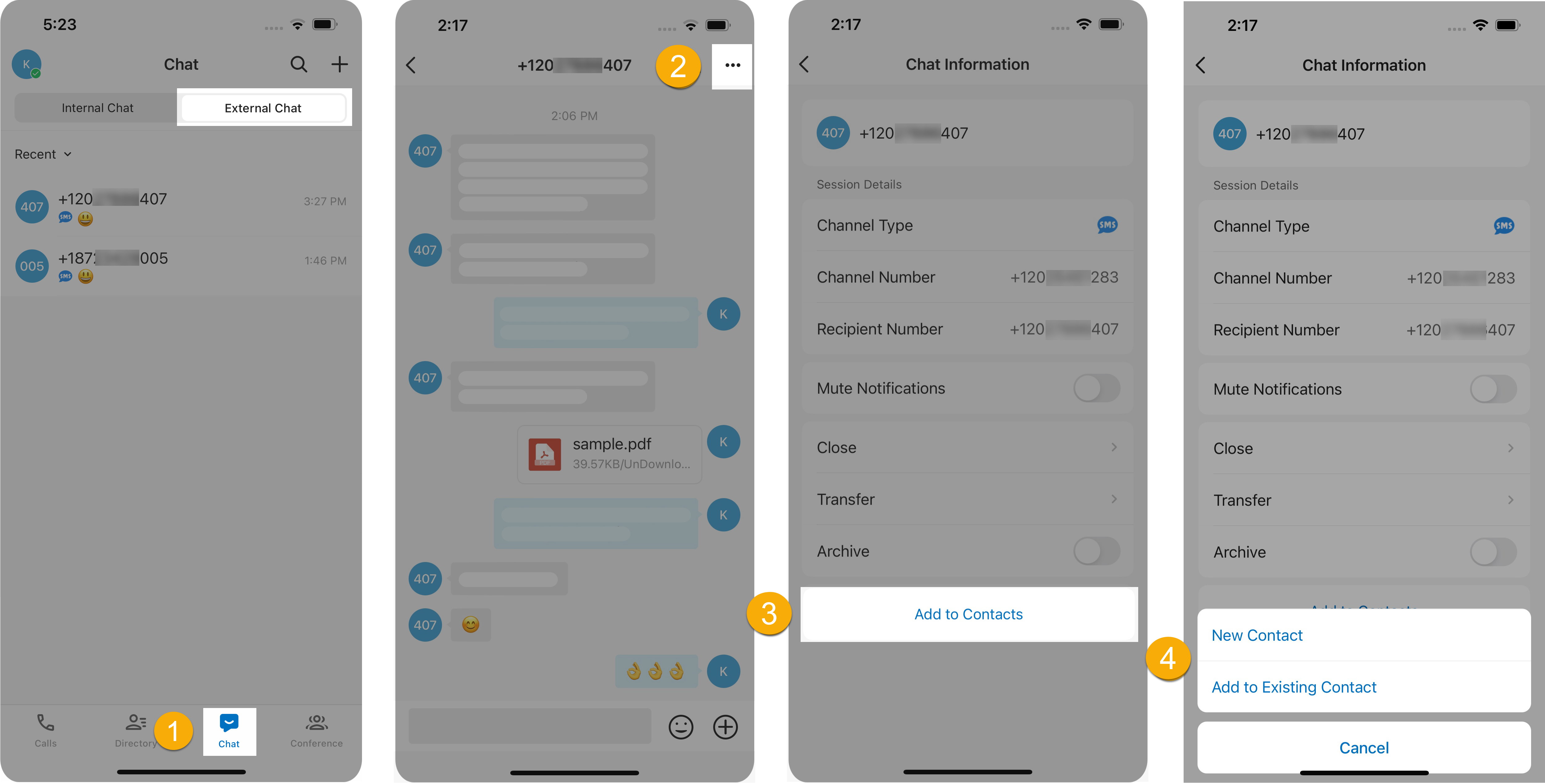 Adding the customer from a conversation to a new or existing contact