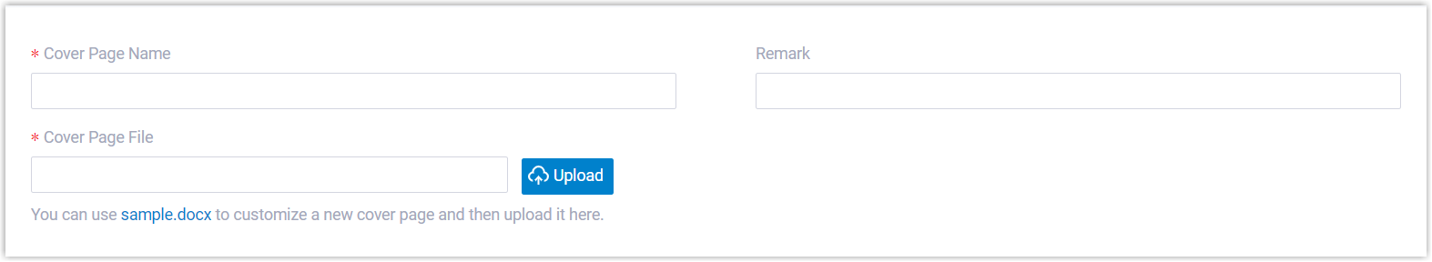 The Add cover page form with name, remark, and file upload fields