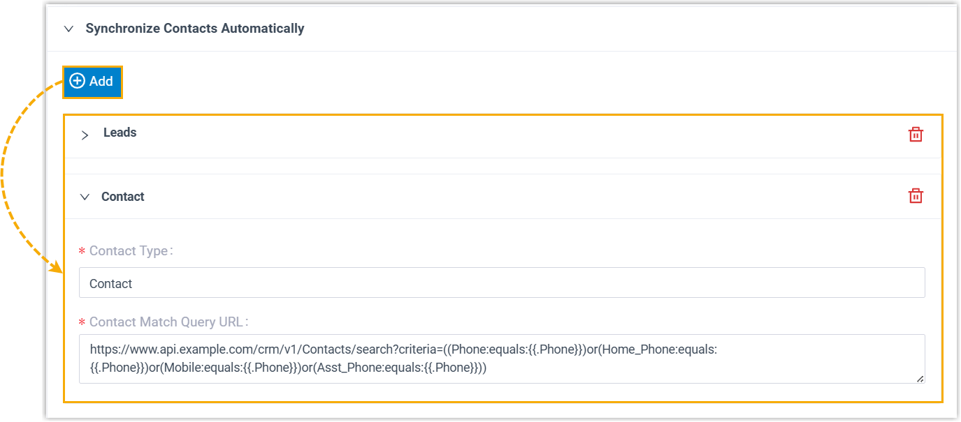 Defining a contact type and its match query URL