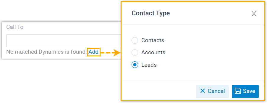 Dialog for saving an unmatched number as a Dynamics contact