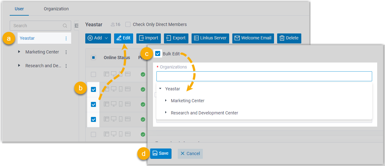 Cloud Voice, bulk-editing selected extensions to place them in a department