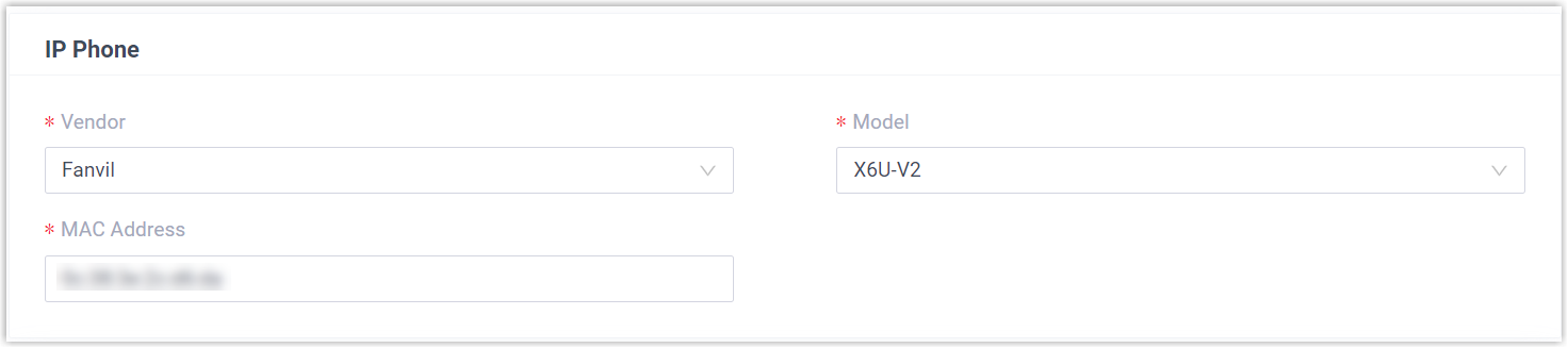Adding a Fanvil handset by vendor, model, and MAC address