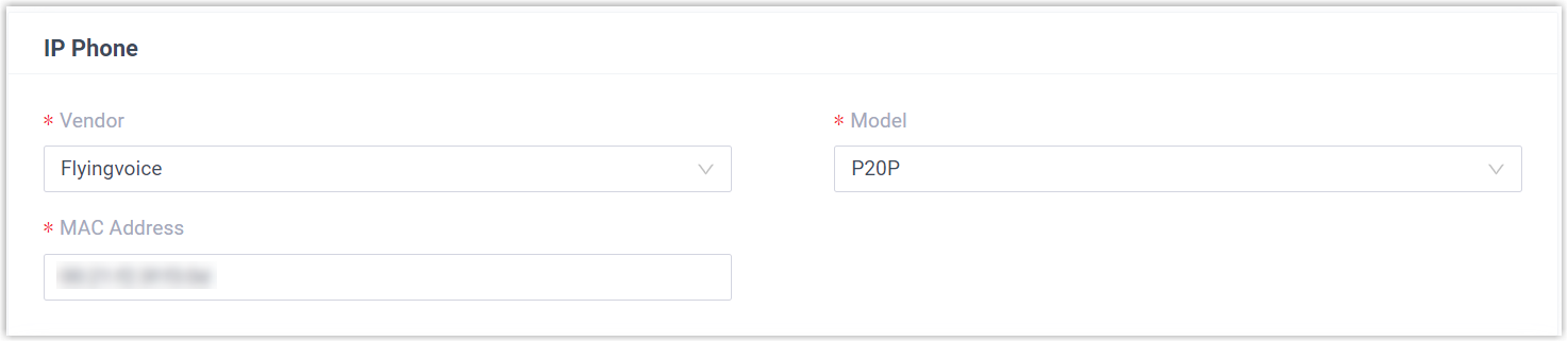 Adding a Flyingvoice phone by vendor, model, and MAC address