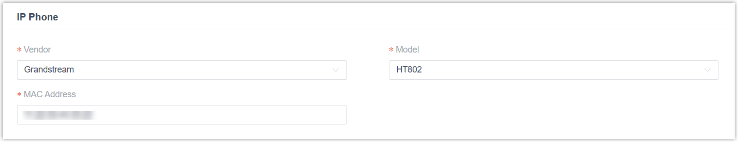 Add-device form with vendor, model, and MAC address fields for a Grandstream gateway