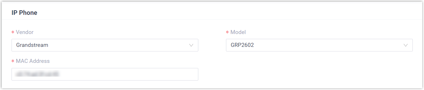 Add phone form with the vendor, model, and MAC address fields