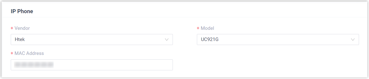 Add phone form with the vendor, model, and MAC address fields