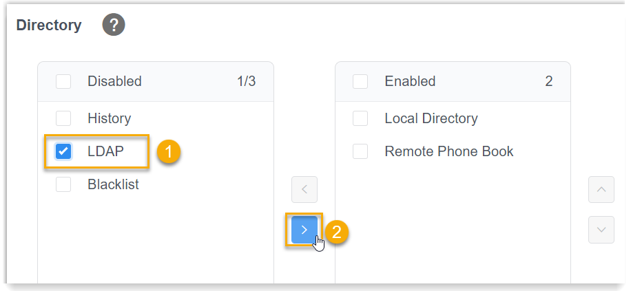 LDAP moved into the Enabled column of the phone's directory settings