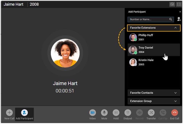 Right-side panel listing extensions and contacts you can add to the call