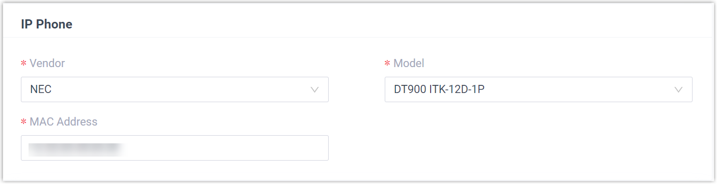 Adding an NEC phone by vendor, model, and MAC address