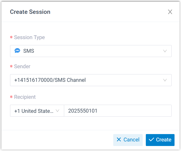 Filling in the details for a new SMS session
