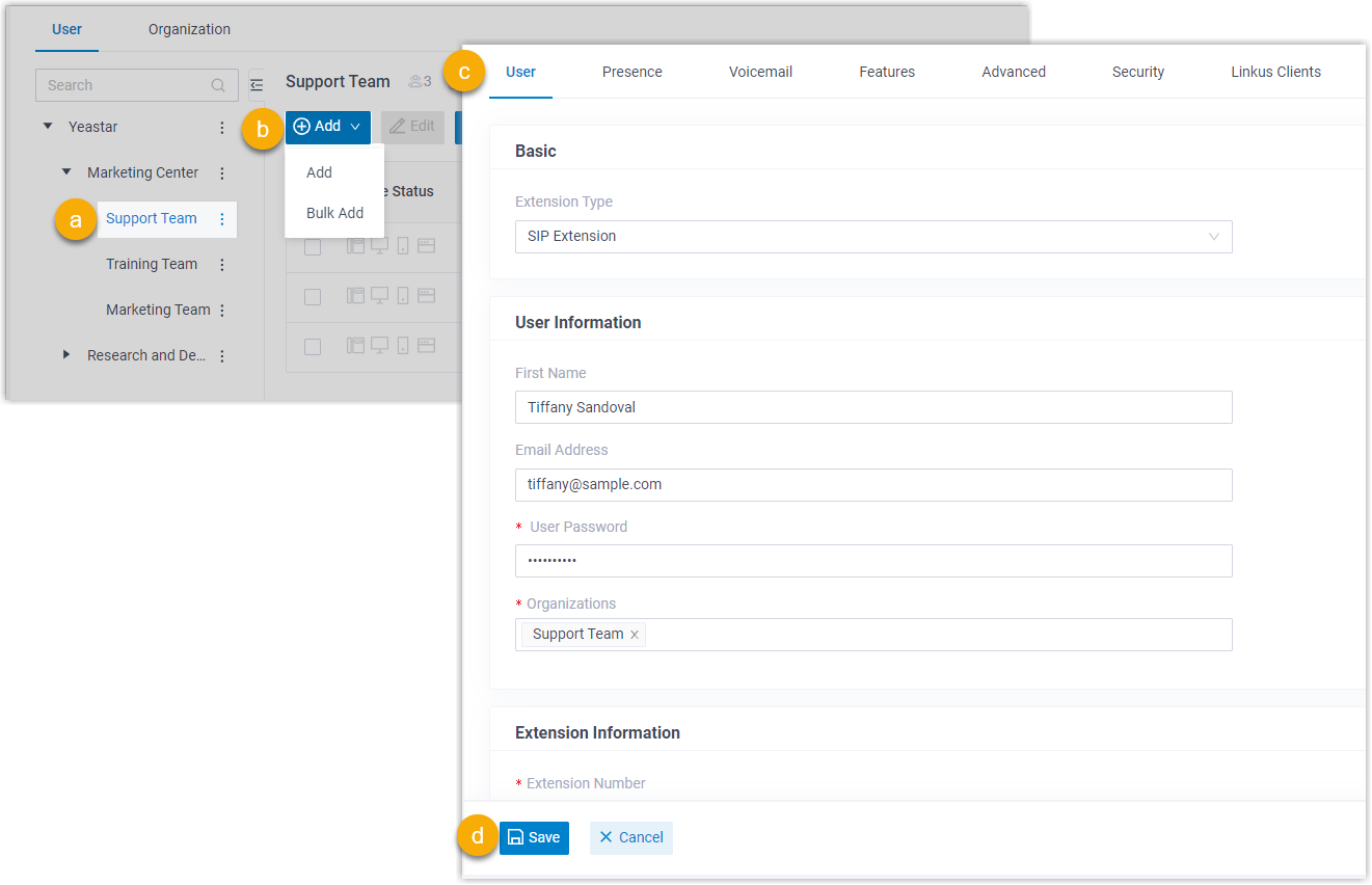 Cloud Voice, adding a new extension from within a selected department