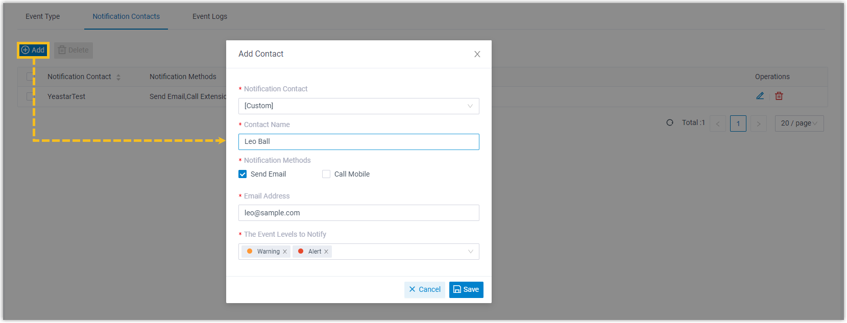 Notification Contacts tab where recipients for event alerts are added